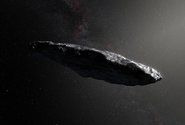 This artists impression shows the first interstellar asteroid, `Oumuamua. Observations from ESOs Very Large Telescope in Chile and other observatories around the world show that this unique object was travelling through space for millions of years before its chance encounter with our star system. It seems to be a dark red highly-elongated metallic or rocky object, about 400 metres long, and is unlike anything normally found in the Solar System.